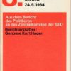 Aus dem Bericht des Politbüros an das Zentralkomitee der SED 8. Tagung des ZK