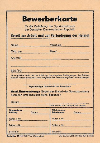 Bewerberkarte für die Verleihung des Sportabzeichens der DDR