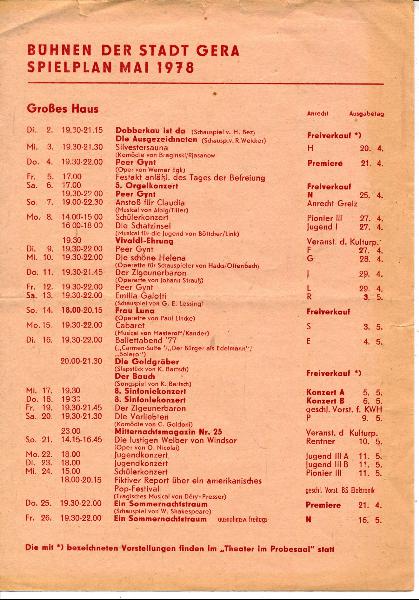shop.ddrbuch.de DDR-Spielplan für den Monat Mai 1978, Inhalt: Großes Haus, Keller 68, Gastspiele, Puppentheater, Terminkalender, Premieren-Konzerte-Sonderveranstaltungen, Anrechtsspielplan Gera
