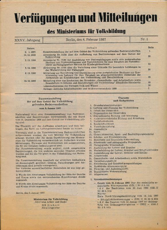 Verfügungen und Mitteilungen des Ministeriums für Volksbildung DDR Jahrgang 1986 Nr. 1 bis 7